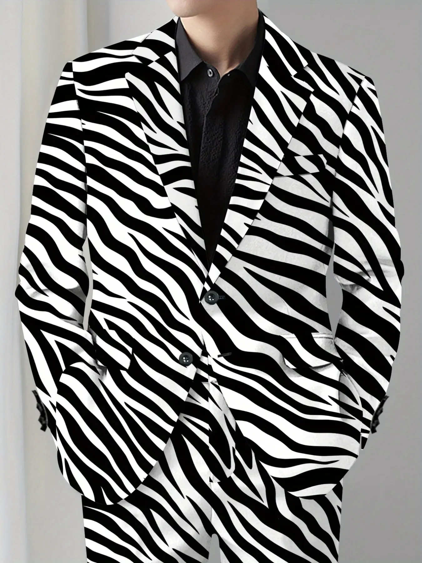 Men's Zebra Print Suit Two-Piece Set, Slim-Fit Animal Pattern Blazer and Pants, Casual Party Stage Fashion, Trendy Formal Wear
