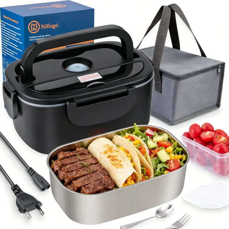 100W Quick Reheat 1.8L Heatable Lunch Box for Adults, Portable Plastic Insulated with Bag, Triple Voltage 12V/24V Car & 110V Home Dual Use, Rainproof Plug