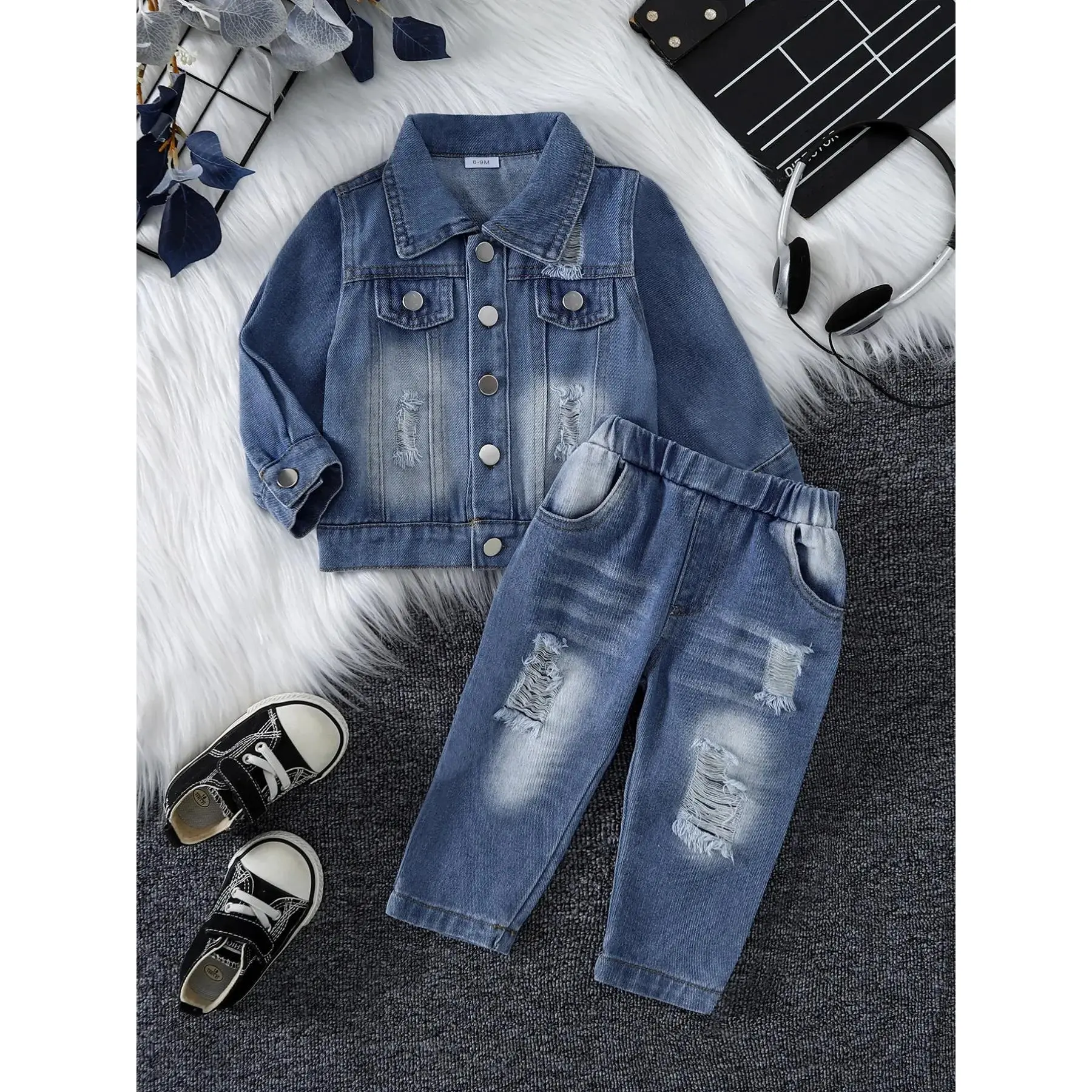Boys' Spring & Fall Denim Set, Long Sleeve Loose-Fit Jacket + Elastic Waist Pants, Vintage Washed Denim, Ripped Design, Versatile, Toddler Suit, Outfit Sets