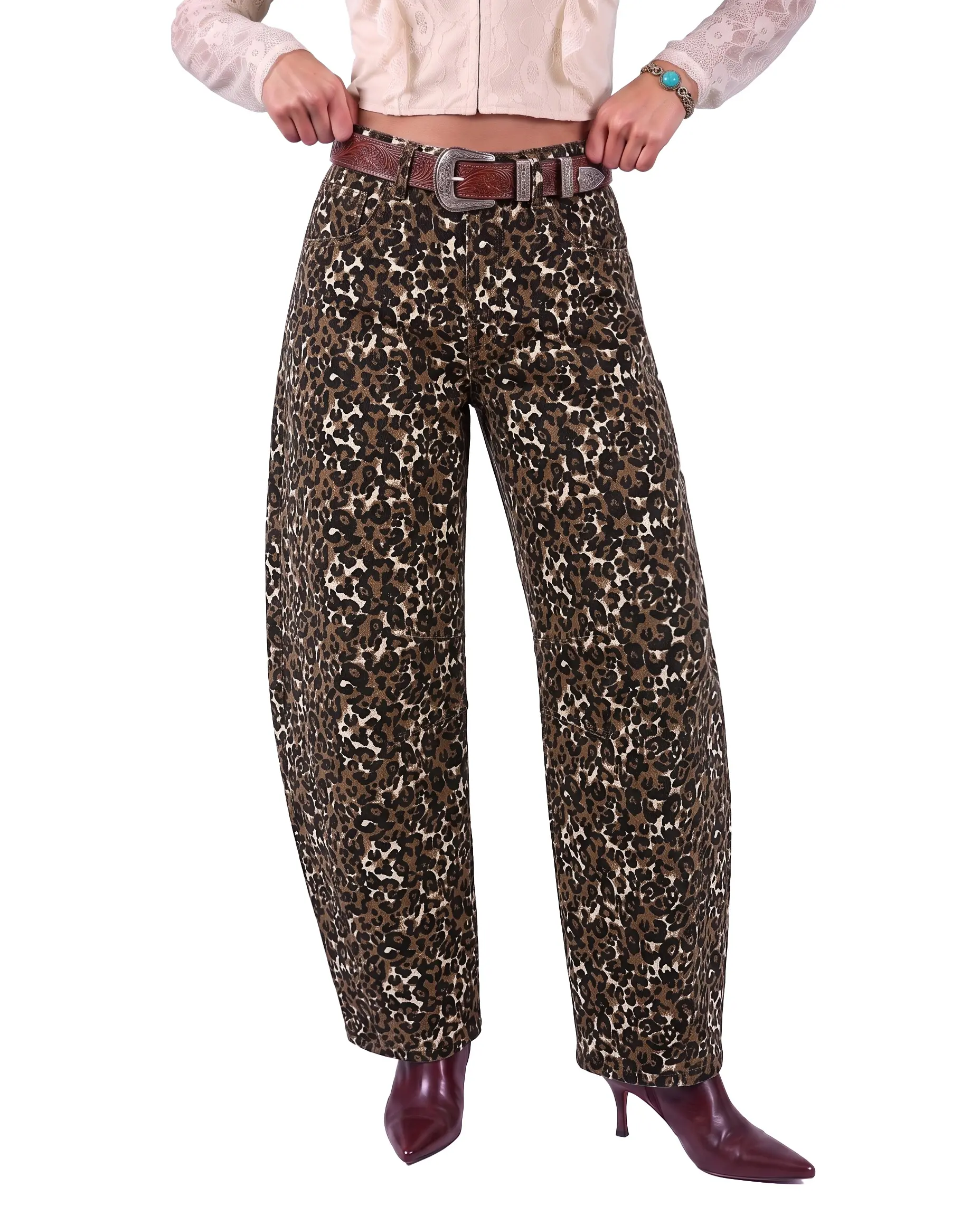 luvamia Barrel Jeans Women High Waisted Baggy Leopard Cheetah Denim Pants | Wide Leg Jeans for Women Trendy Stretchy, Ankle Length, Front Seam, Loose Fit, 27.5 Inch Inseam, Country Concert Outfits