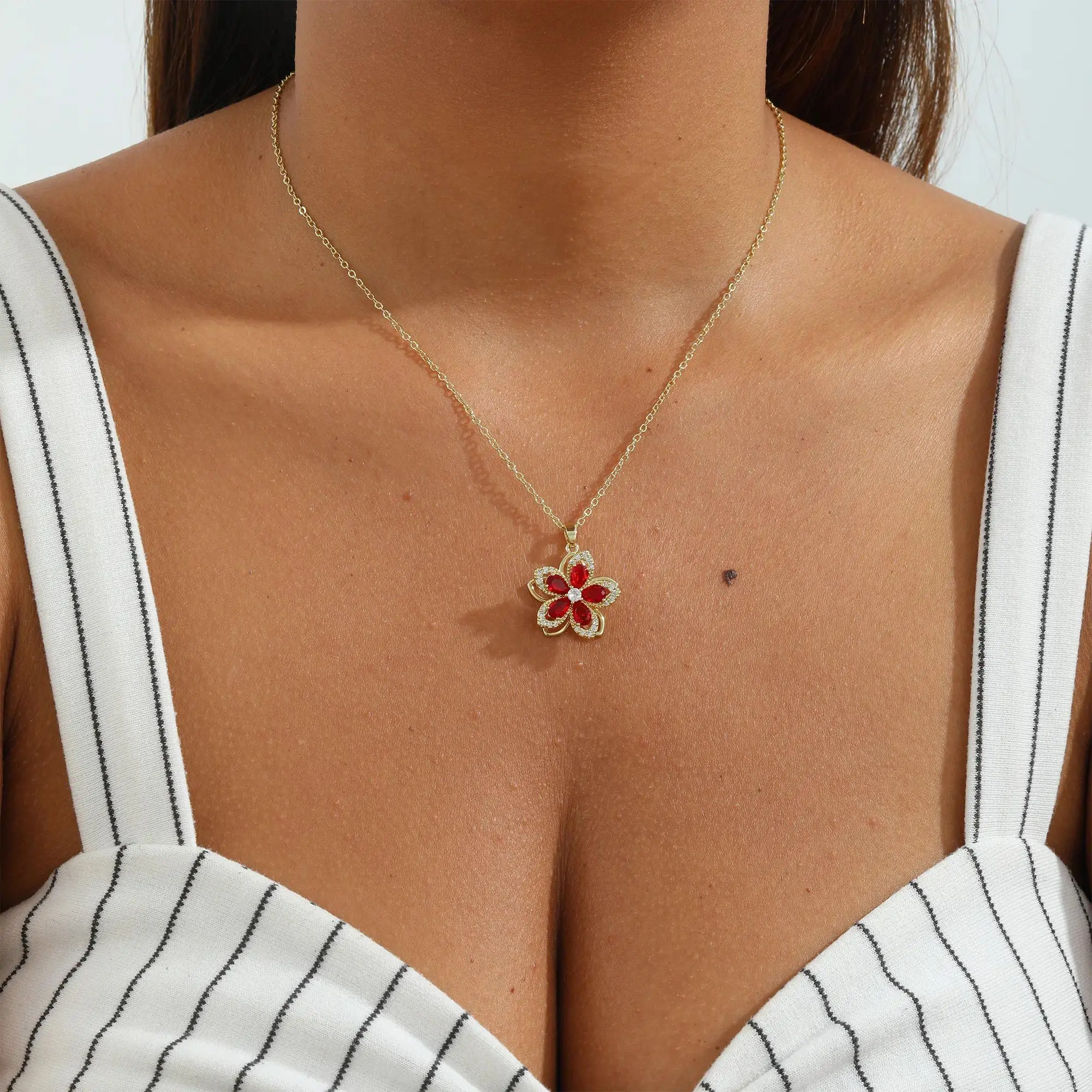 Birthstone Flower Necklace for Women - 14K Gold Plated Dainty Rotatable Crystal Pendant, Adjustable Spinning Fidget Jewelry, Summer Gift