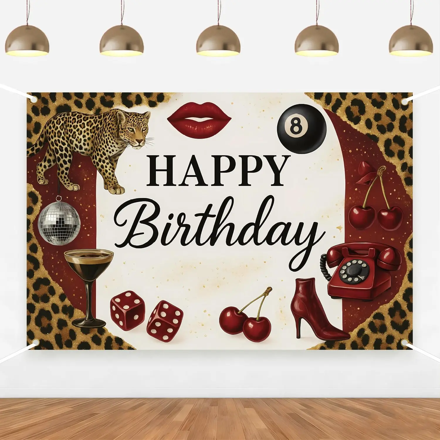 Single Set Leopard Print Feminine Happy Birthday Backdrop - Red Lips, Cherry, High Heel, Disco Jungle Safari Animals Banner, Cheetah Party Decor for Wild 70s Girls' Bday Party Supplies (53ft)