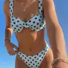Women's Light Blue Polka Dot Bikini Set, Wide Strap Underwire Balconette Top & Low Waist Triangle Bottoms, Beach Vacation Swimwear for Pool & Party, Swimsuit Bikini Set