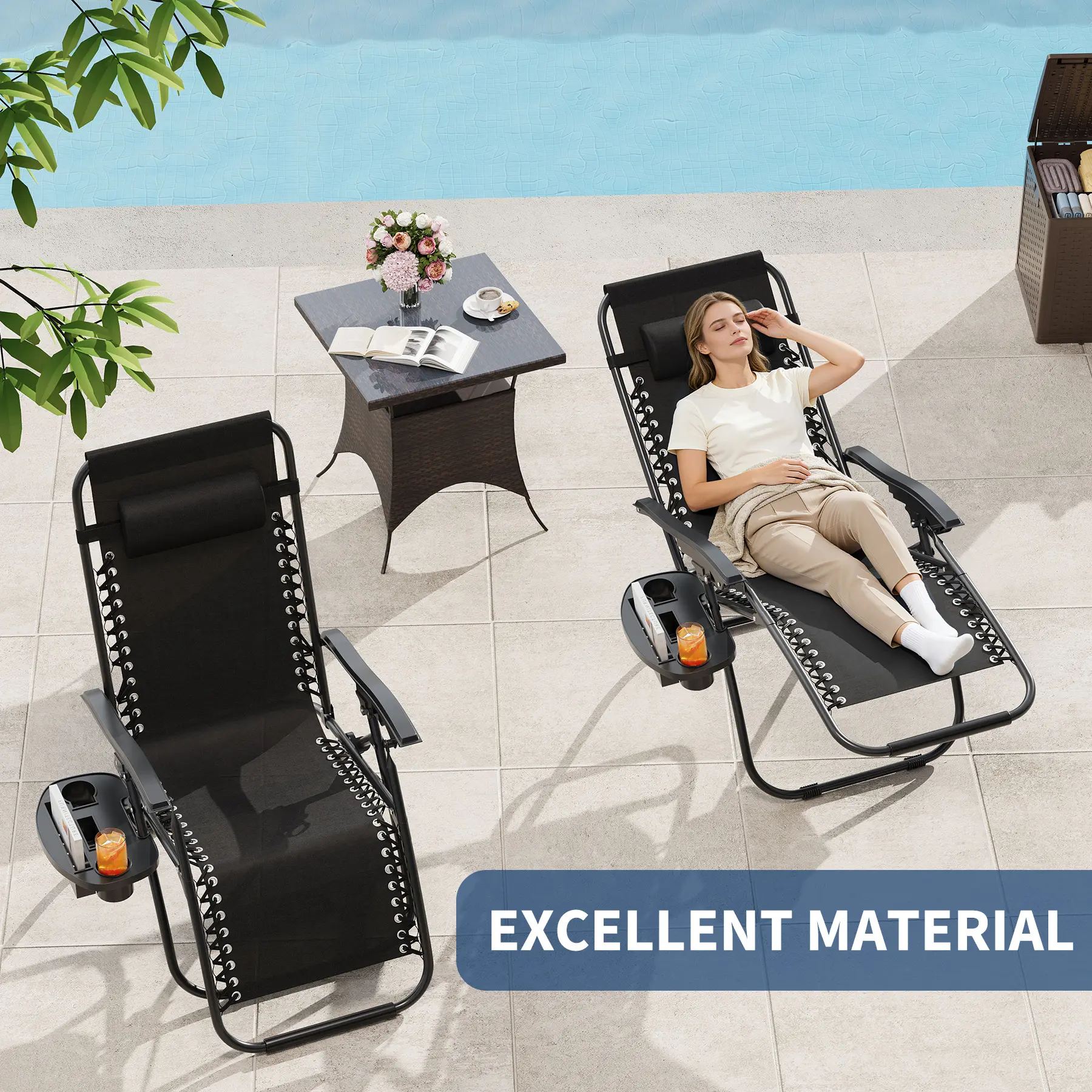 Garvee Zero Balanced Reclining Patio Lounge Chair - Folding Outdoor Recliner, Locking System, Quick-Dry Textilene Mesh, Padded Headrest Pillow, Detachable Cup Holder Tray