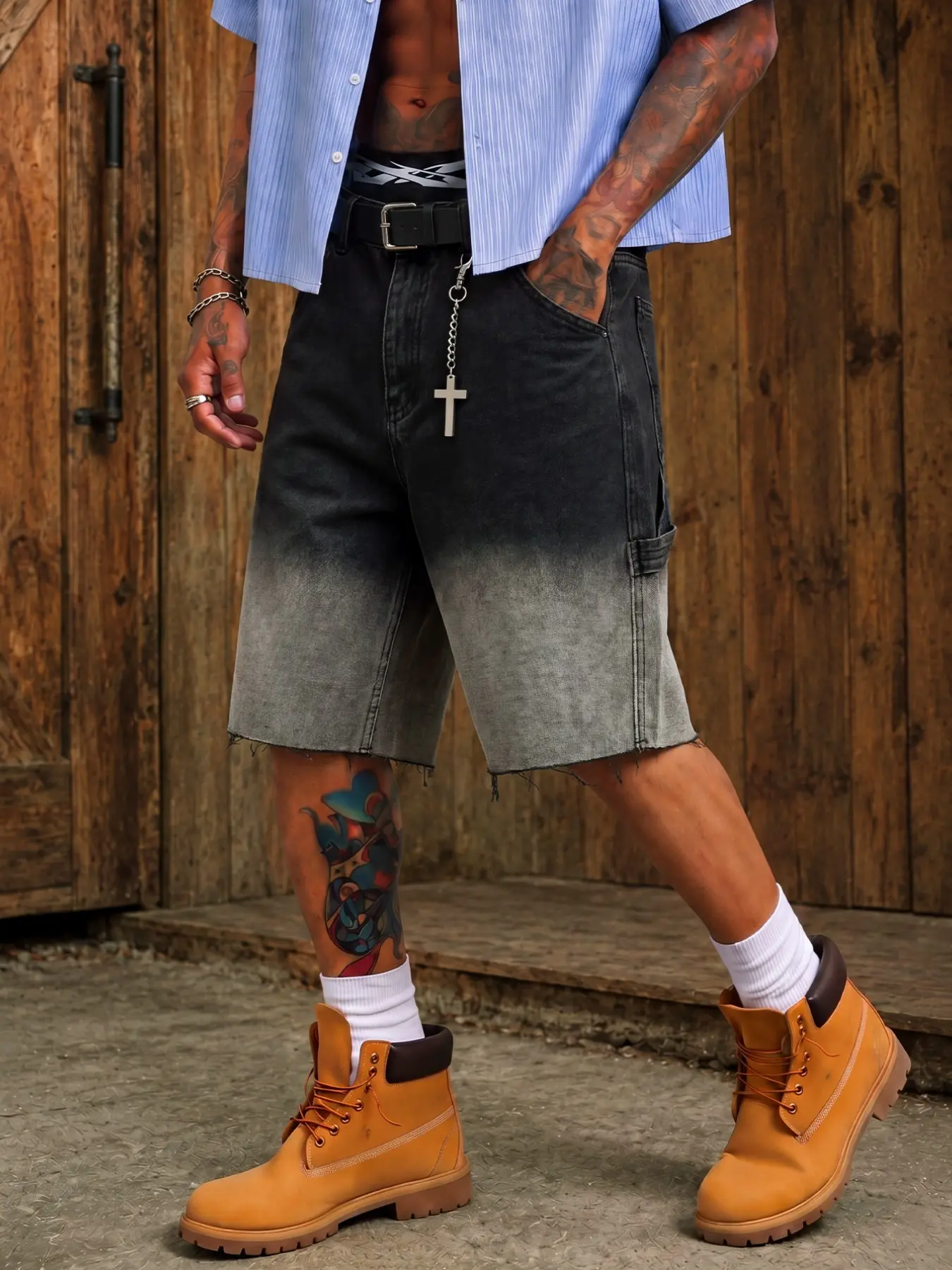 Men Utility Denim Shorts Loose Fit Baggy Wide Leg Washed Streetwear Summer Casual Shorts