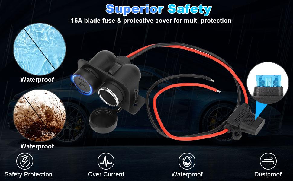 1PCS Cigarette Lighter Socket with Blade Fuse, 2-Socket Cigarette Lighter Splitter 12V Lighter Power Outlet Replacement Waterproof Plug for Car Marine Truck ATV RV