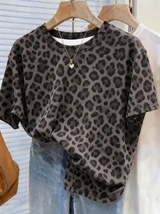 Women's Leopard Print T-Shirt, Casual Stylish Tee, Relaxed Lazy Style Short Sleeve Top, Fashion Holiday Trend, Comfortable and Stylish, Suitable for All