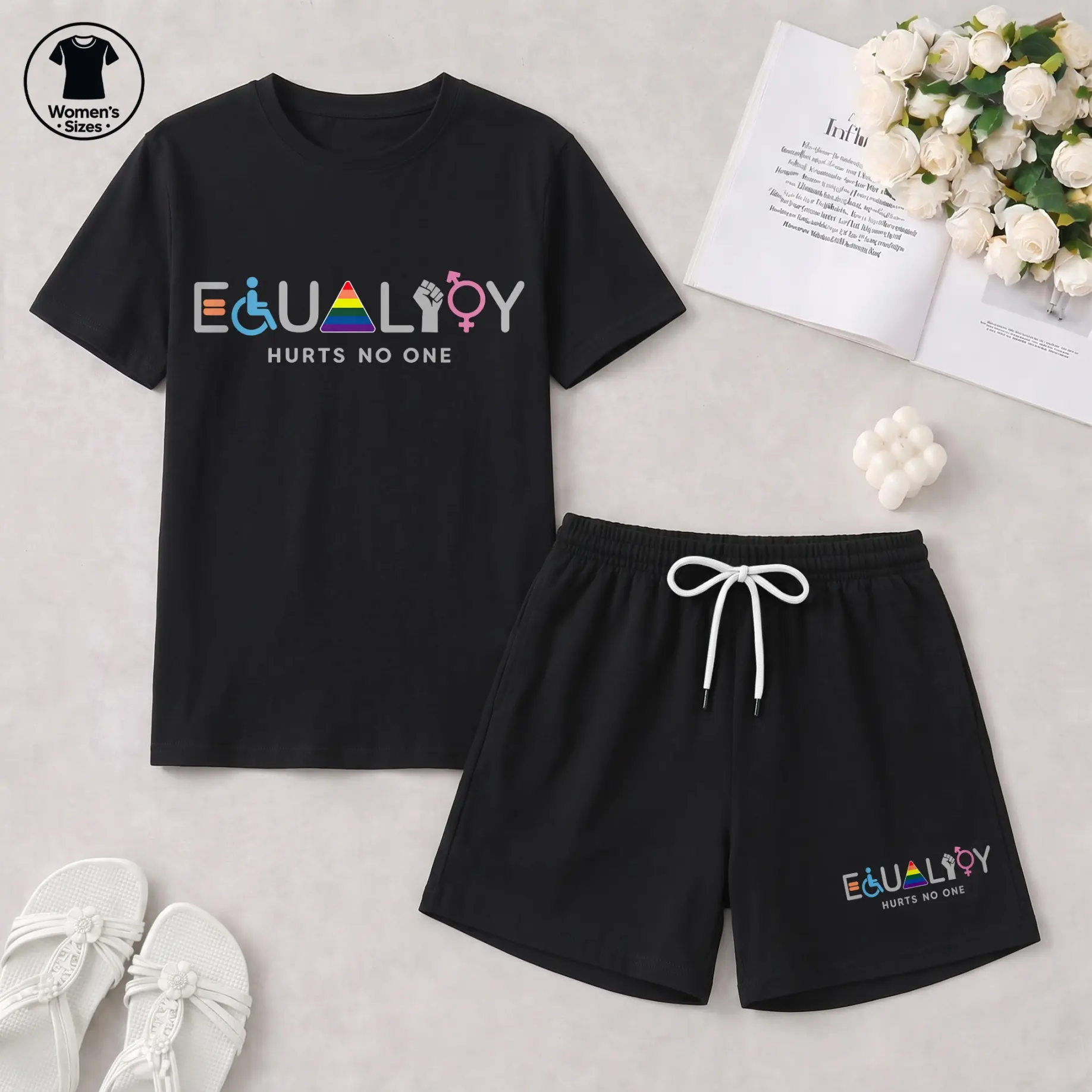 Women’s Pride Equality Graphic Tee & Drawstring Shorts Set, Short Sleeve Summer Two Piece Outfit, Soft Casual Lounge Set for Daily Wear and Vacation