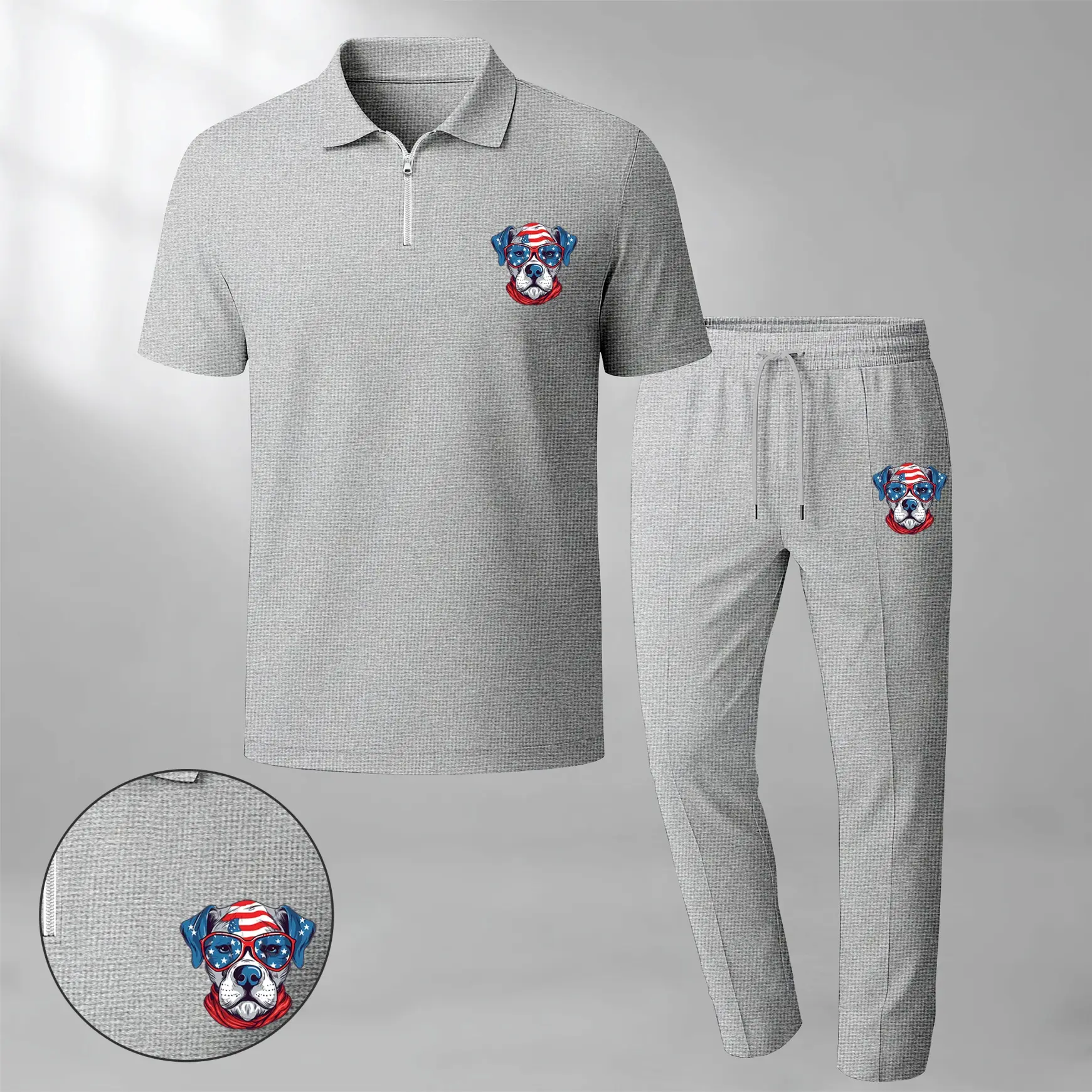 Men’s American Style Cute Dog Graphic Waffle Knit Polo Shirt and Pants Set, Short Sleeve Zip Collar Polo Top with Drawstring Trousers, Casual Two Piece Outfit, Lightweight Breathable Streetwear Matching Set for Daily Wear, Travel and Summer