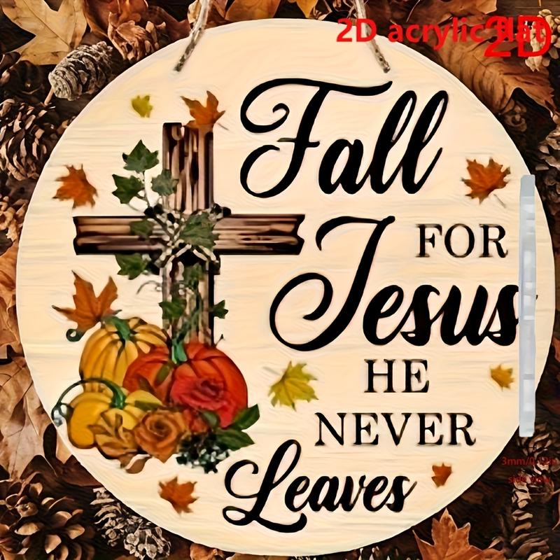 1PC "Love Jesus" Round Hanging Ornament - Artificial Wooden Autumn Decoration with Cross, Pumpkin and Rose, No Electricity Needed Wall Art, Suitable for Home, Porch, Thanksgiving and Christmas Religious Home Decoration, Rustic Style Design, Seasonal Decor