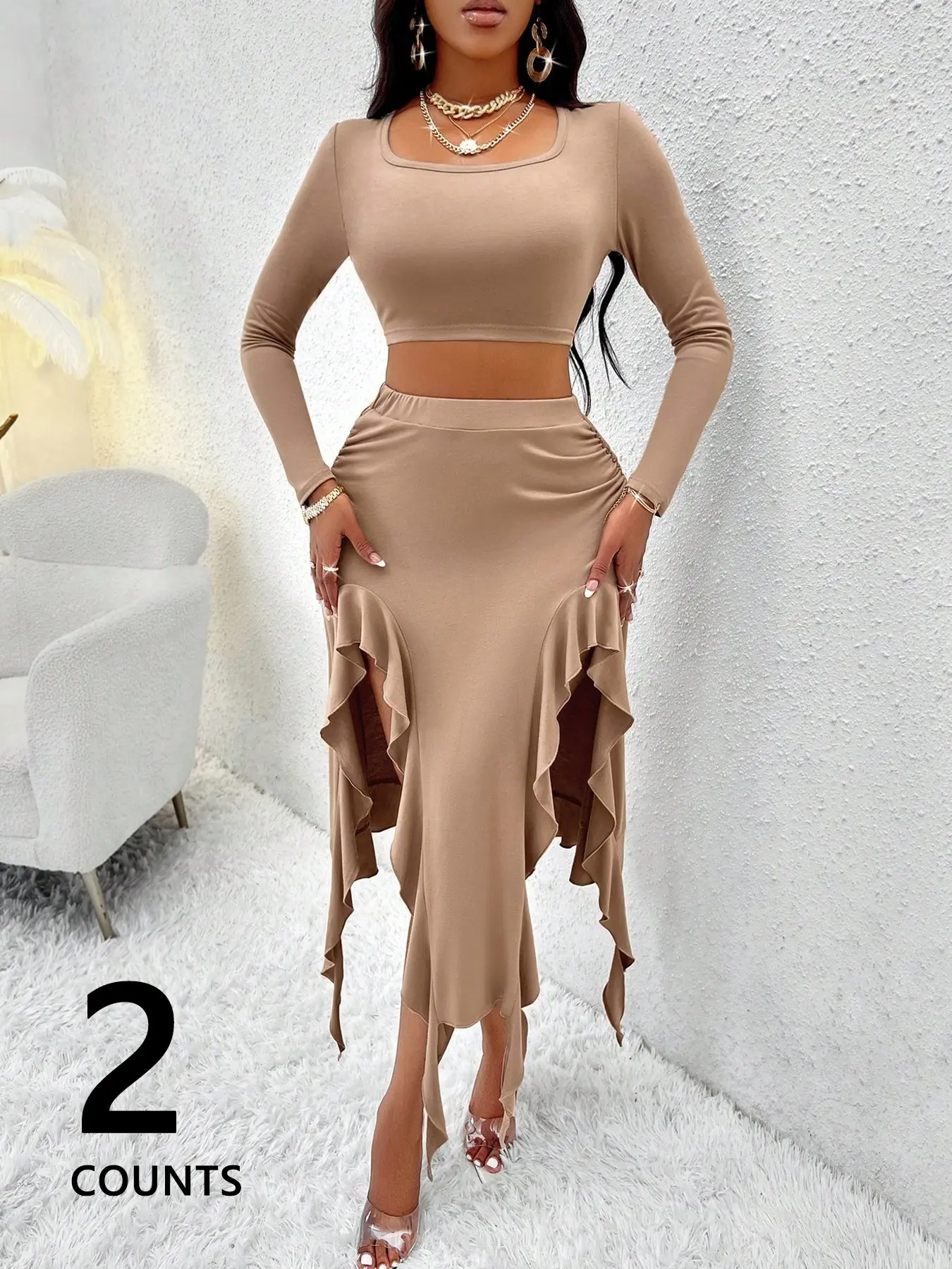 Women's Nude Color Square Neck Short Sleeve Top Set, High Waist Ruched Split Peplum Skirt Two Piece, Elegant Spring & Fall Fashion