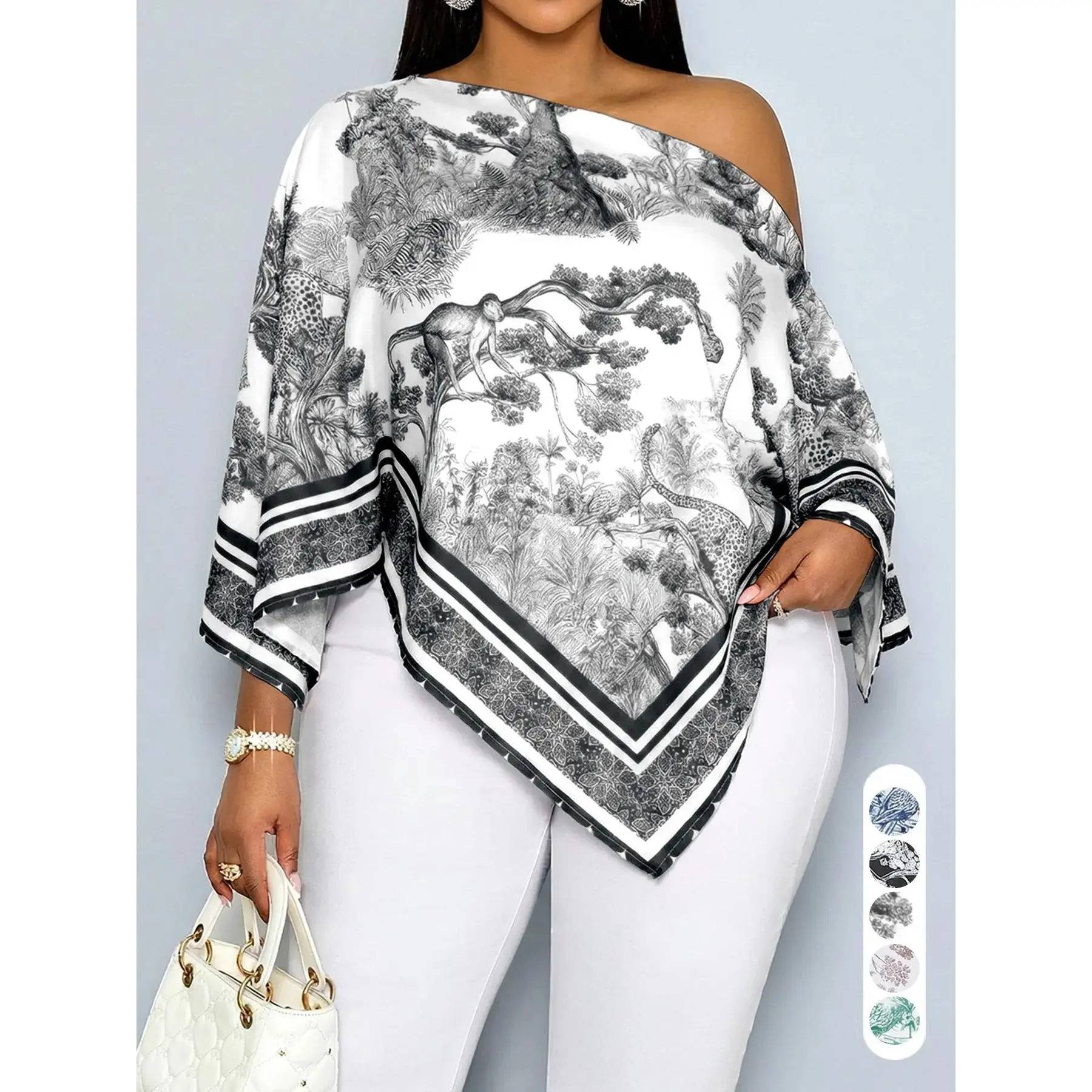 Plus Size New Summer Casual Elegant Women's Printed Blouse, Asymmetrical Hem Batwing Sleeves Loose Fashion Shirt, Versatile Daily Wear
