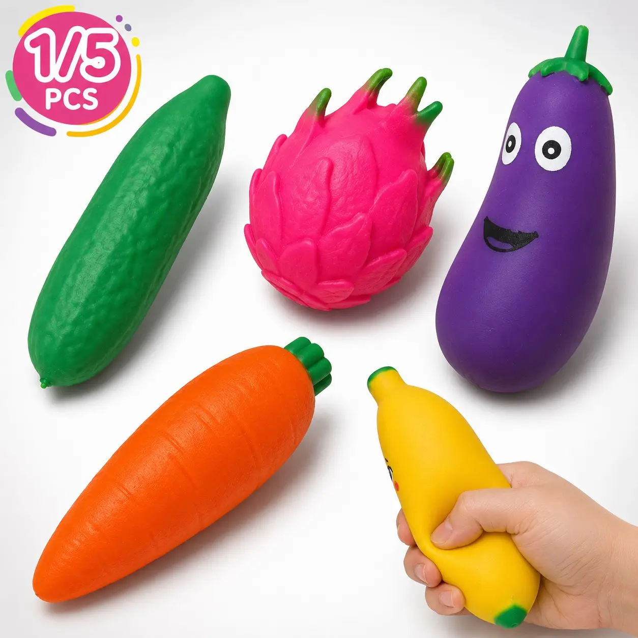 1/5 PCS Fruit & Veggie Fast-Rebound Squishy Toys, Cute Food-Shaped Sensory Squeeze Fidget Toys, Sensory Tool for Teens and Adults, Desk Stress-Relief Toys and Funny Gifts