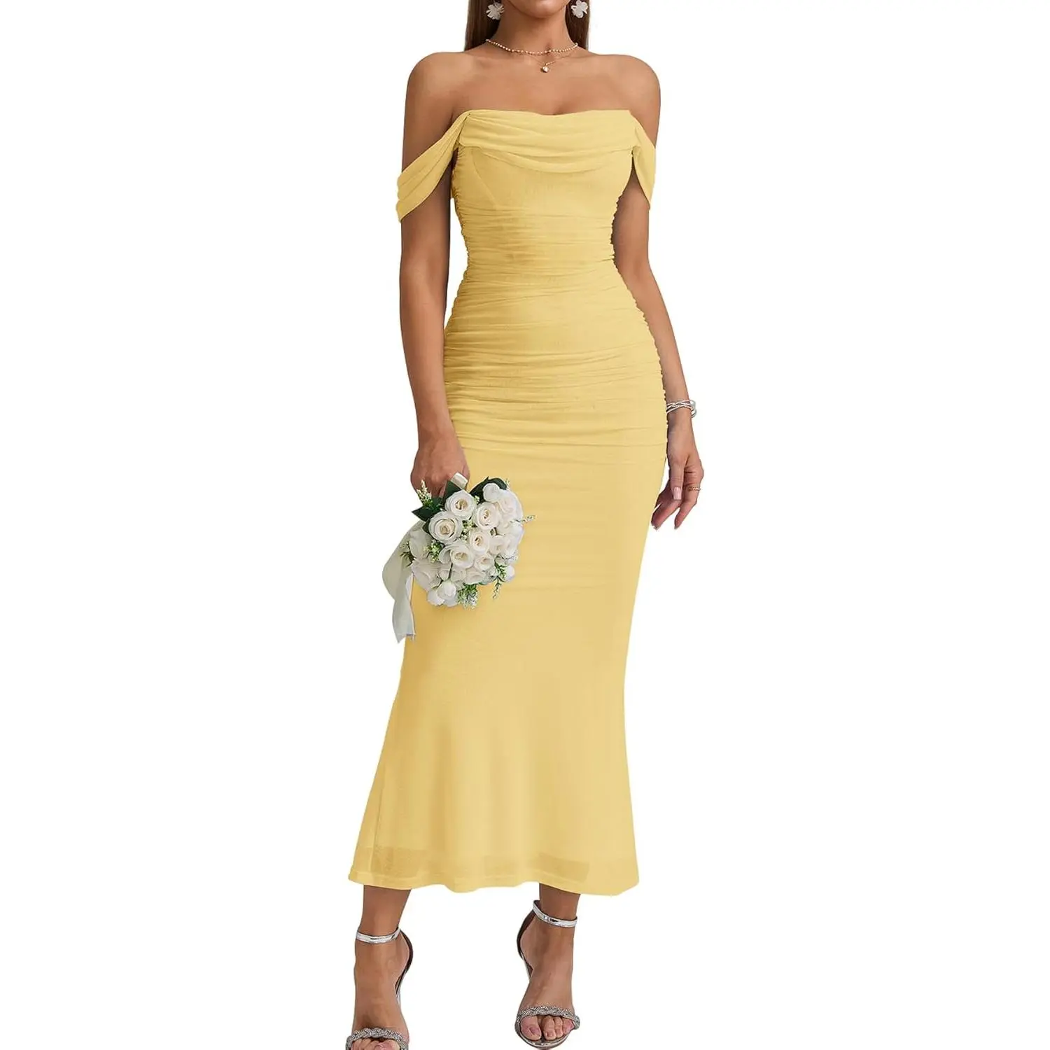 Women's Off-the-Shoulder Corset Maxi Dress - Ruched Bodycon Gown with Mesh, High Waist, Feminine Fit for Formal Cocktail, Wedding Guest + Matching Earrings, Birthday