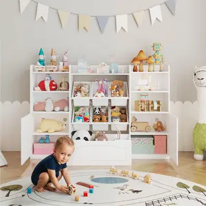 Large MDF Storage Cabinet, 3-in-1 Bookcase Toy Organizer, Pure White, Open Shelves and Bins