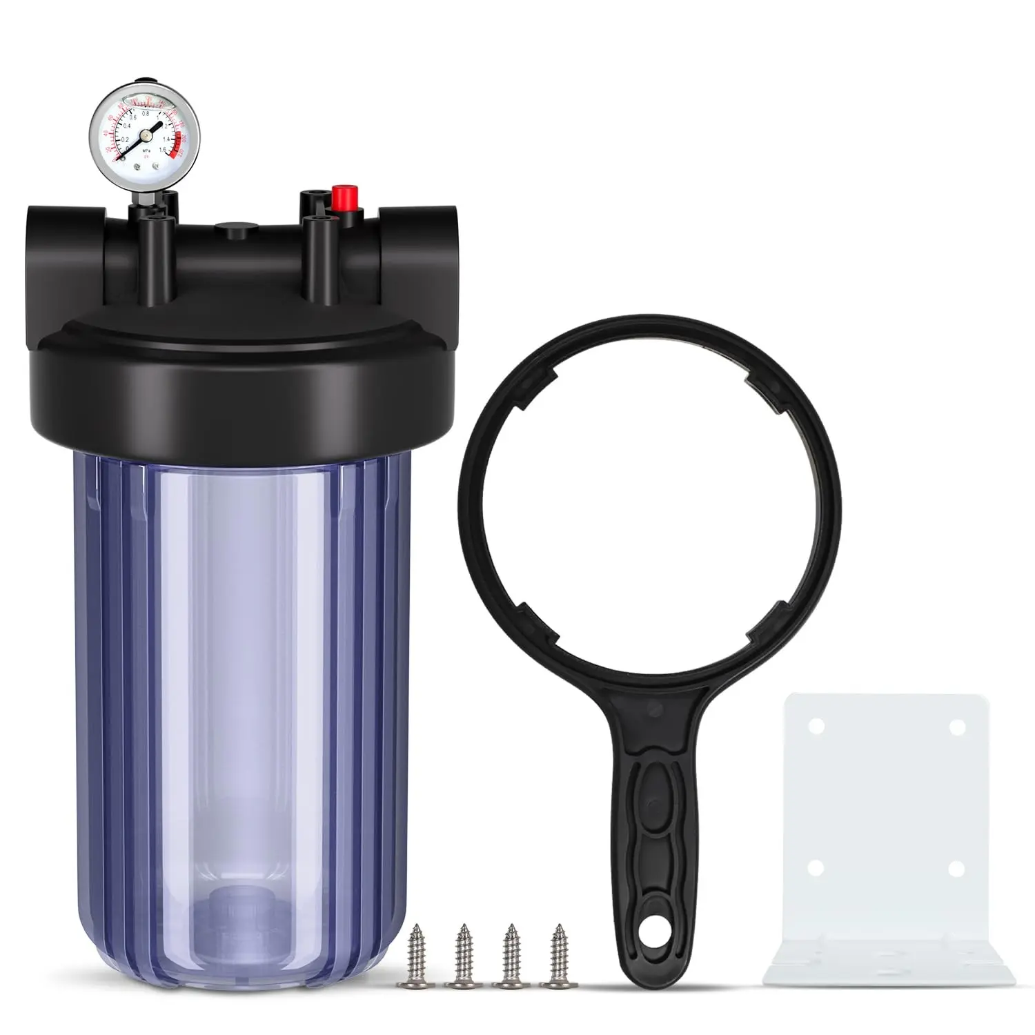 Whole House Well Water Filter Housing, 10"x4.5" Universal Size, 1" NPT Pre-Filtration System with Pressure Gauge