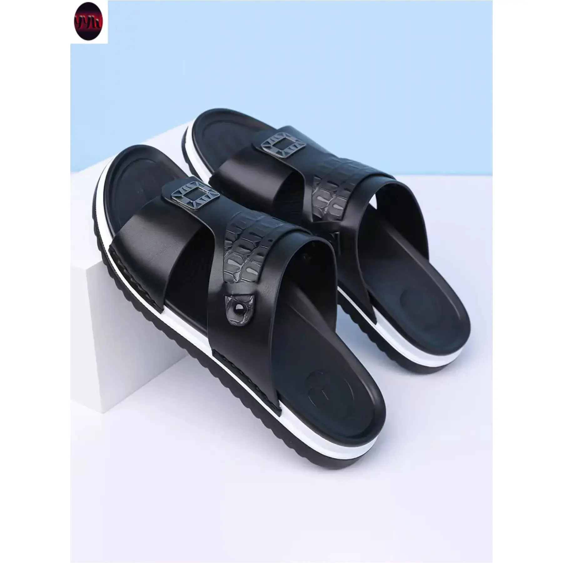 YYW1 Men's Leather Flip-Flops, Anti-Thick Sole with Metal Tip, Casual Sandals, Lightweight Comfortable Open-Toe Shoes