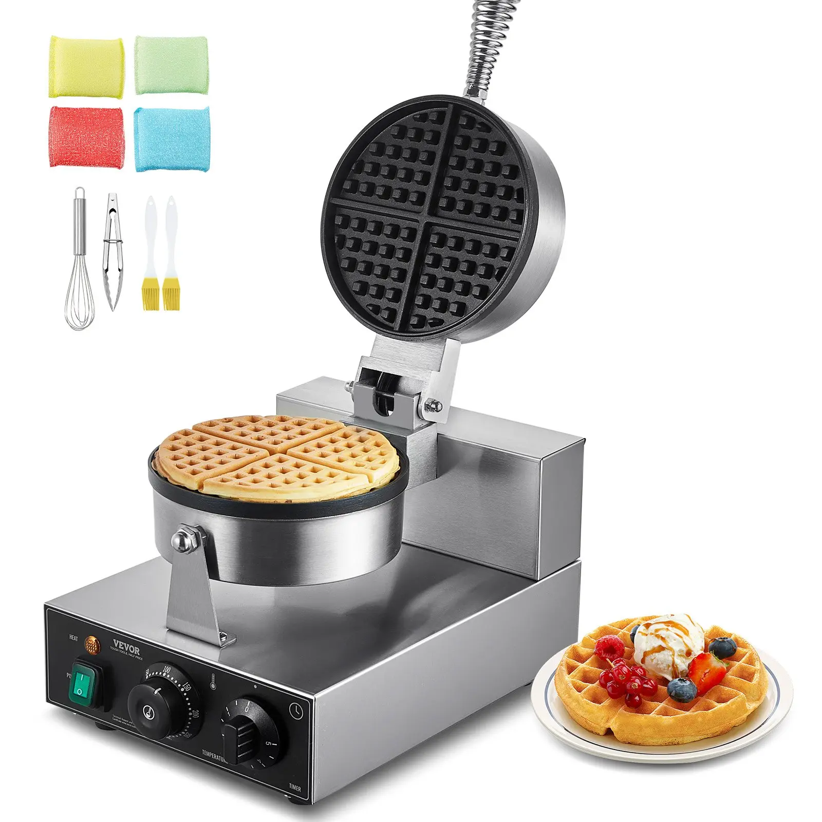 【toolupgrade】VEVOR Commercial Round Waffle Maker with 1230W Power, Circular Plate, Temperature Control, Time Control, Non-Stick Stainless Steel, Handle, for Restaurant Use