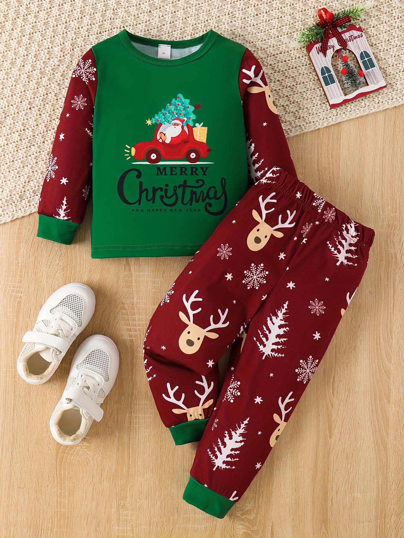 Children's Autumn Winter Christmas Santa Print Crew Neck Set, Toddler Boys Long Pants Two-Piece Set, Perfect for Outdoor