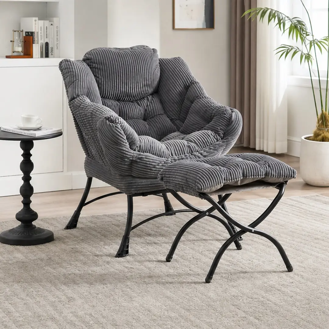 ARCH Lazy Chair with Ottoman, Modern Lounge Accent Chair with Armrests and Side Pocket, Upholstered Sofa Chair Reading Chair with Footrest for Small Space, Grey Steel Frame, Grey Color Options, Steel Material, Product Dimensions: Not Applicable W x