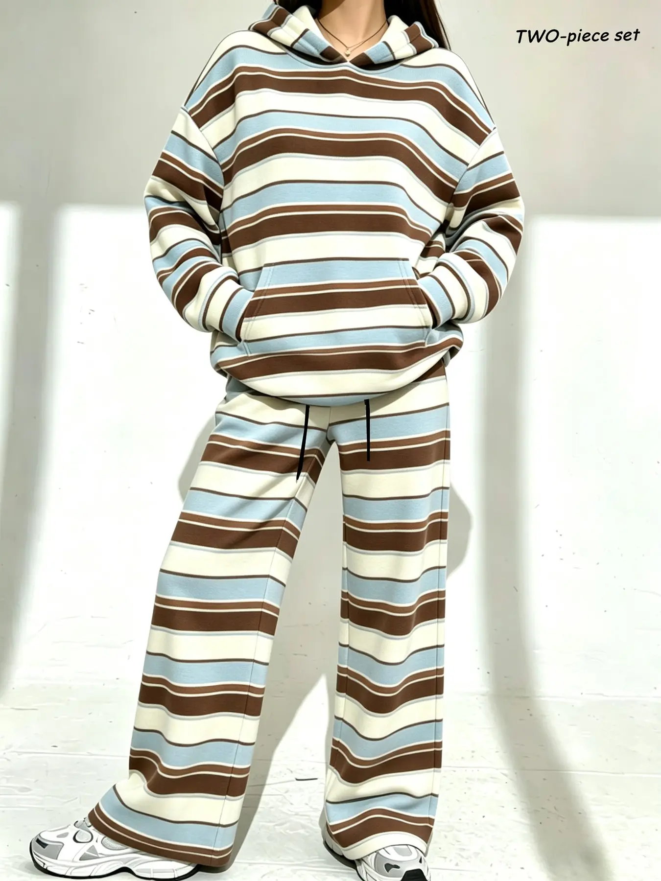 Women's Fall Winter Striped Colorblock Sweatshirt Hoodie Set, Loose Fit Oversized Hoodie & Wide Leg Pants, Korean Style, Comfortable & Versatile