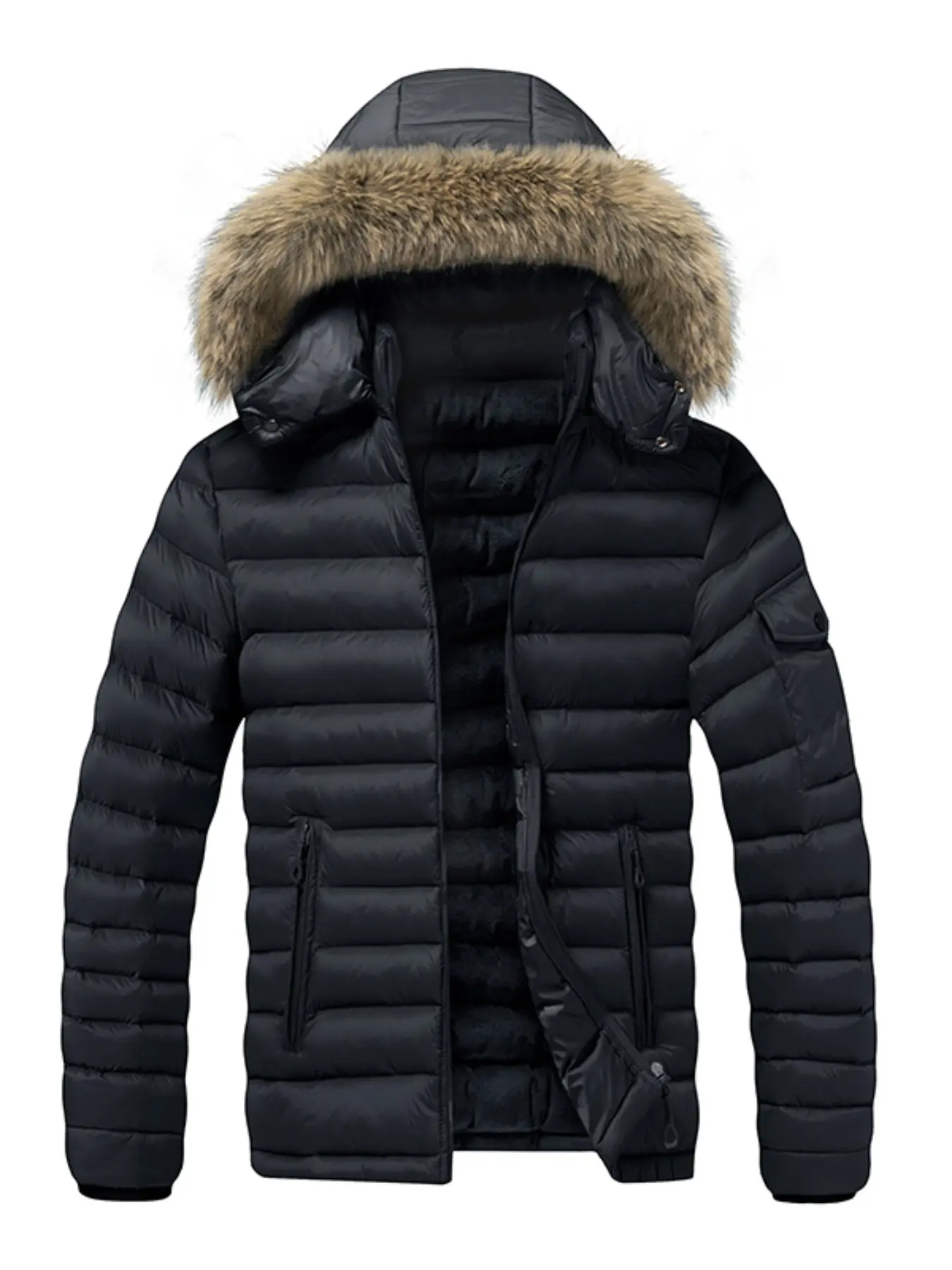 Men Faux Fur Hooded Parka Padded Jacket, Fleece Lined Thick Quilted Winter Workwear Coat, Puffer Jacket