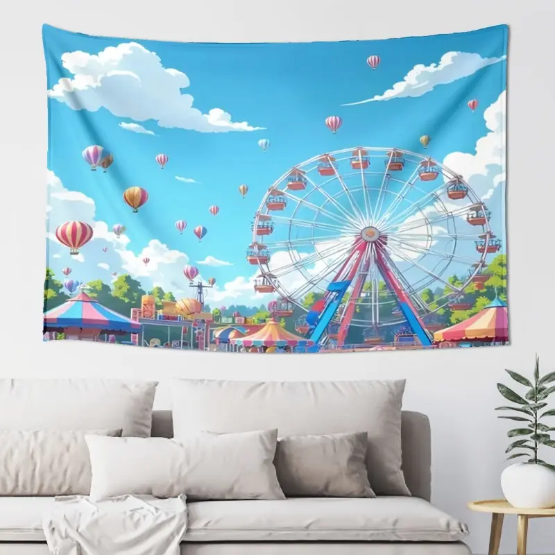 [2D flat]Ferris wheel and hot air balloon amusement park creative design simple style printed exquisite blanket, suitable for nap blanket, a great Christmas gift/New Year gift/Valentine's Day gift