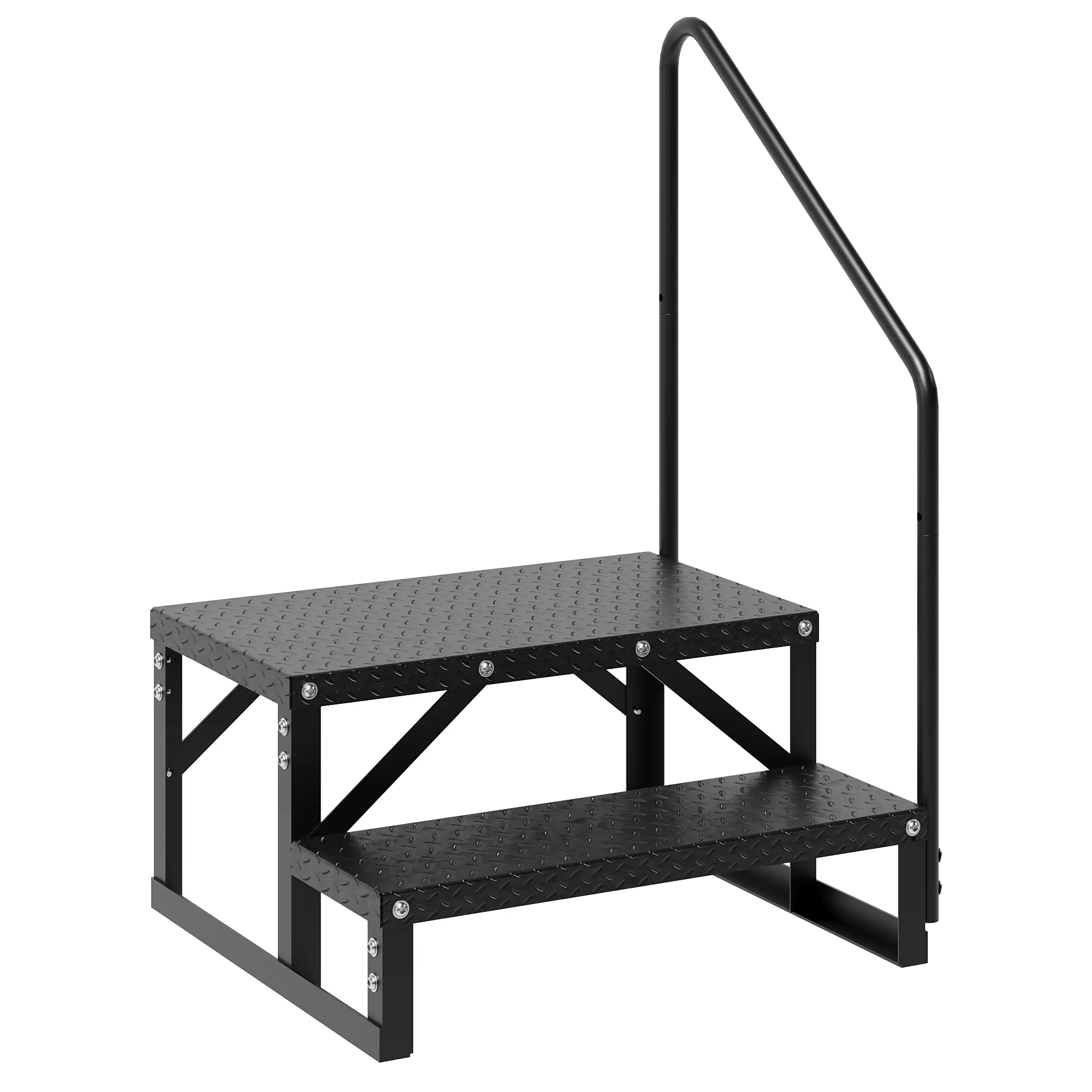 2-Step RV Stair with Single Handrail, Anti-Slip Patterned Steel Panels, Black, 660 lb Capacity