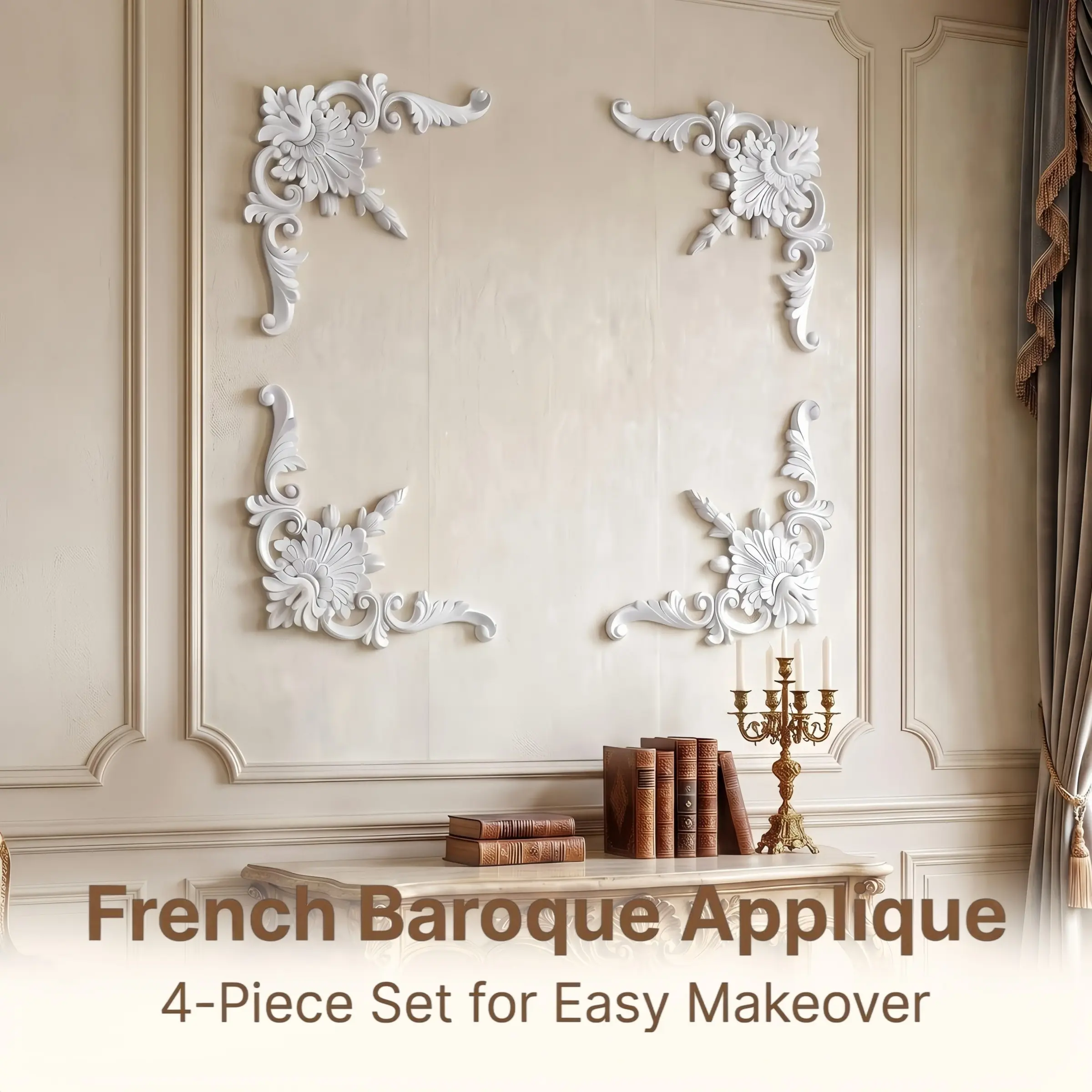 French Baroque Scroll PU Carved Corner Decor Set, 4-Piece Indoor Wall Protector, DIY 3D Wall Decoration, OJ-G162/G267