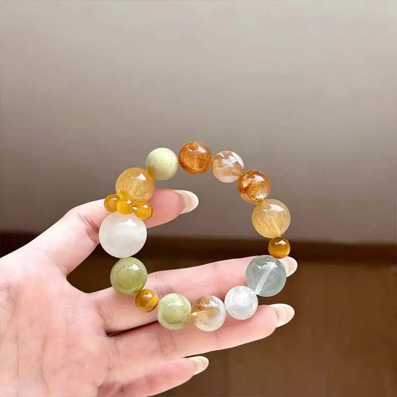 Unisex Round Handcrafted Natural Crystal Bracelet - Destiny Enlace, with Citrine, White Phantom, Prehnite, Green Fluorite, Golden Tiger Eye Beads, Elegant & Versatile Design, Chic & Stylish Fashion Jewelry for Females, Natural Crystal Bracelets & Anklets,