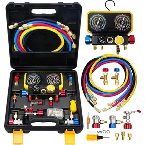 Automotive AC Gauges Set with Hoses,4 Way Manifold Gauge Set  with R134A R410A R22 R32 Refrigerant Gauges, Car Freon Charging & Evacuation