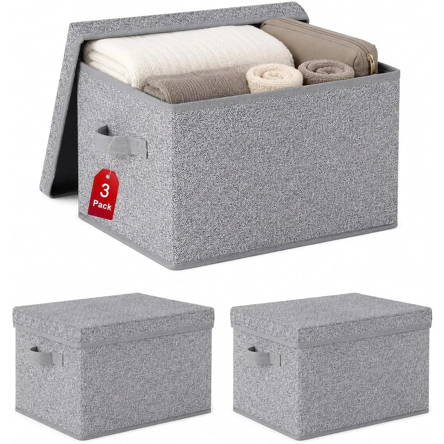 Foldable Storage Bins with Lids, Storage Boxes with Handles, Closet Shelf Organizer, Fabric Storage Baskets for Bedroom, Decorative Storage Containers, Large, Ash Gray, 3-Pack