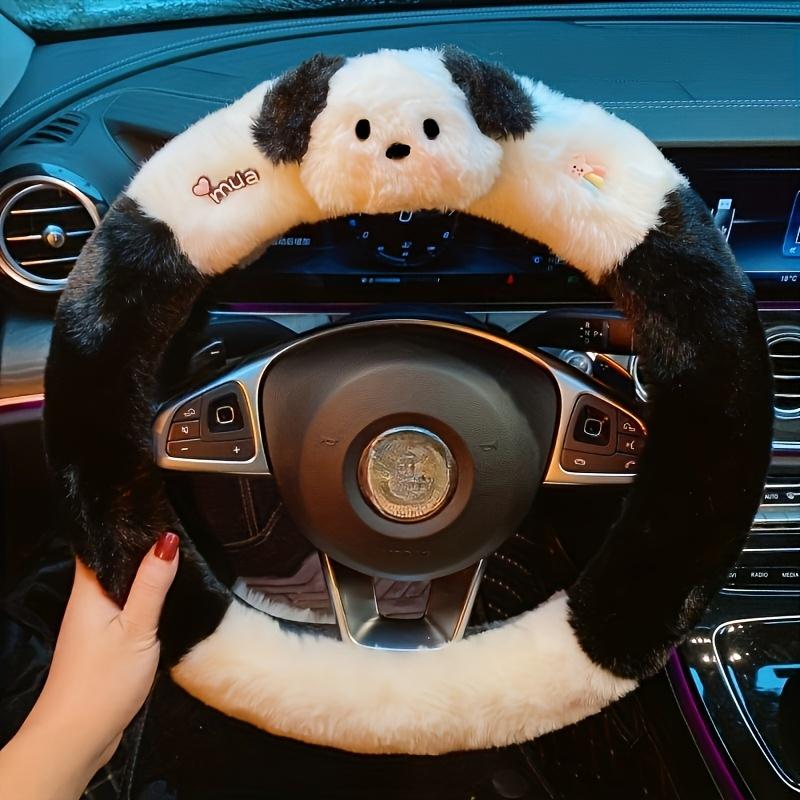 Plush Car Steering Wheel Cover with Cute Rhino Dog Design – Trending Soft-Touch Cozy Interior Upgrade, Durable Anti-Slip Fit for Most Cars, Cute Aesthetic Auto Decor for Winter Driving, Daily Commute & Gift Ideas