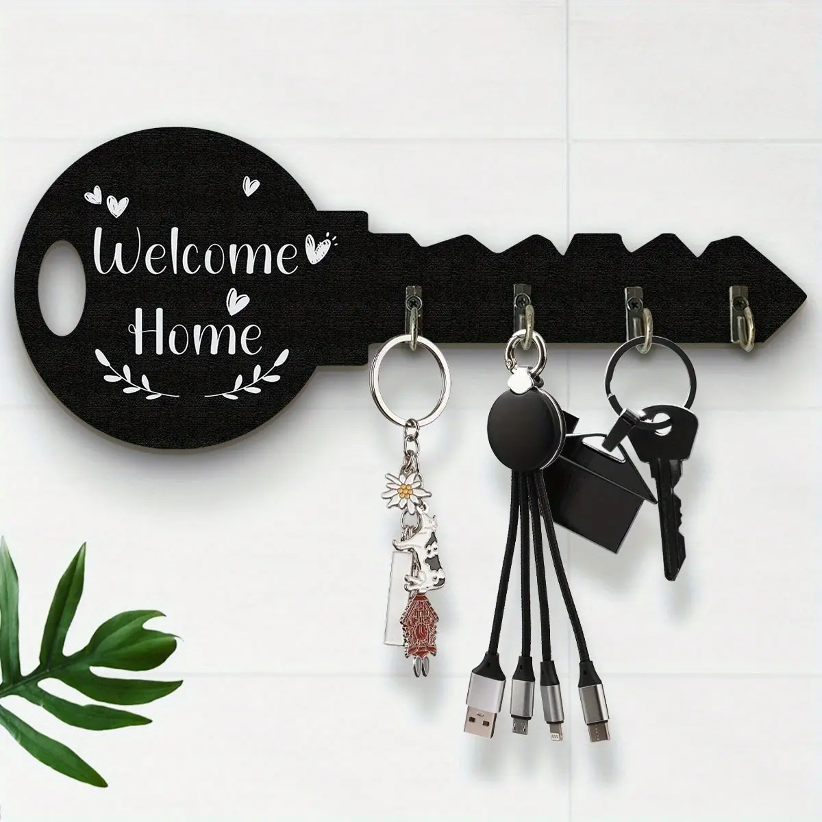 4-Hook Key-Shaped Wooden Wall Mount Holder, No-Drill Entryway Organizer for Headphones & Earphone Accessories with Welcome Home Decor & Storage Functionality, 4 Hooks