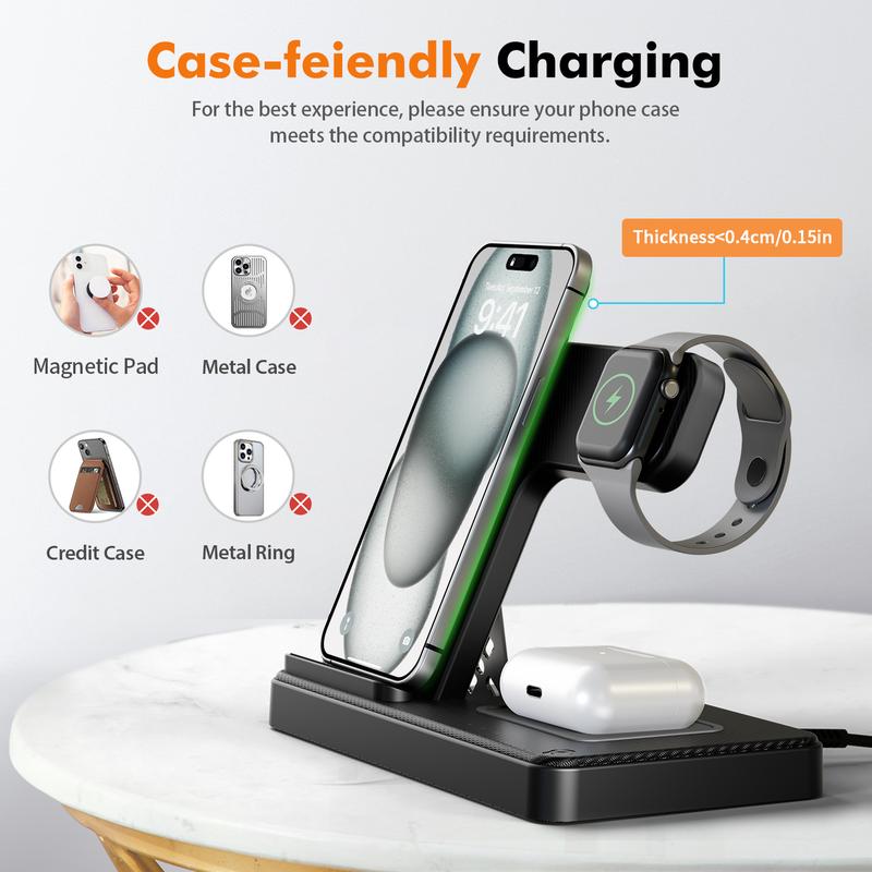 15W MagSafe 3-in-1 Fast Wireless Charging Station |   Portable Foldable Design for 15 14 13 12 11 Series, Apple Watch 9/8/7/SE, AirPods 3/2/Pro |   Multi-Device Charger for Android Phones & Cards