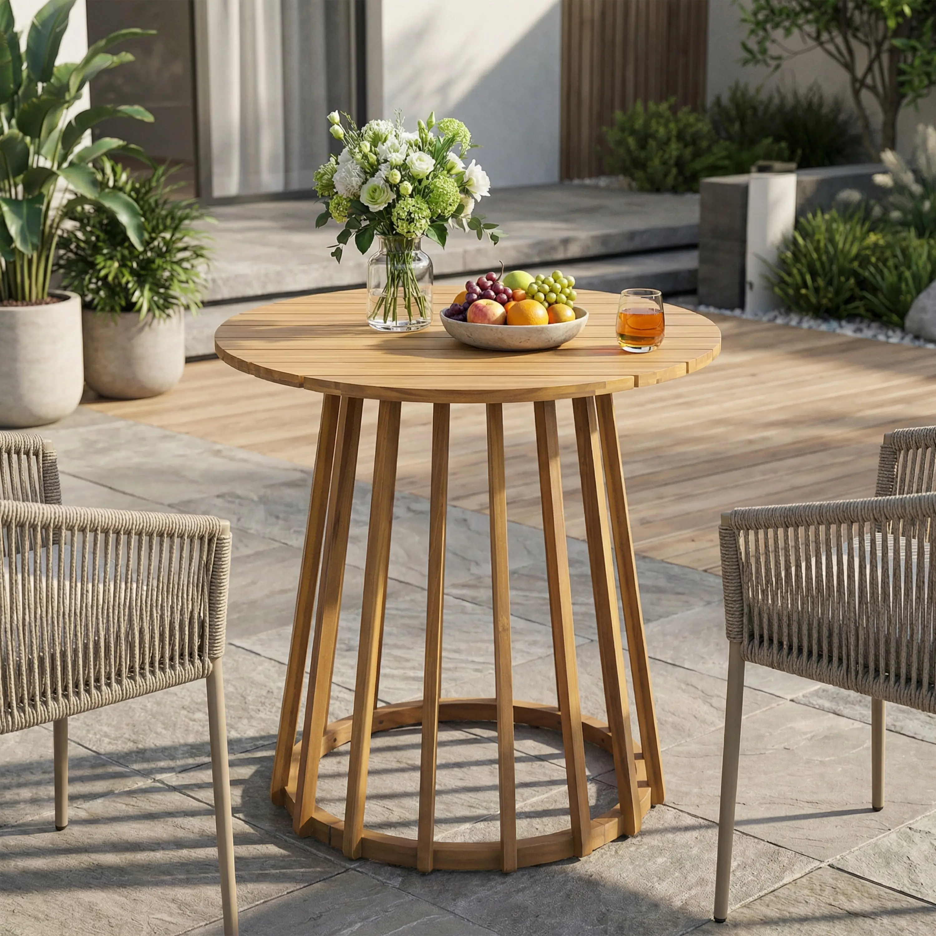 ARCH Outdoor Round Acacia Wood Dining Table for 2, Teak Finish Bistro Table 27.5x27.5x29.5 Inches, Weather Resistant Patio Table for Garden, Balcony, Deck, Easy Assembly, Rustic Style, Teak Color Options, Acacia Wood Material, Product Dimensions: