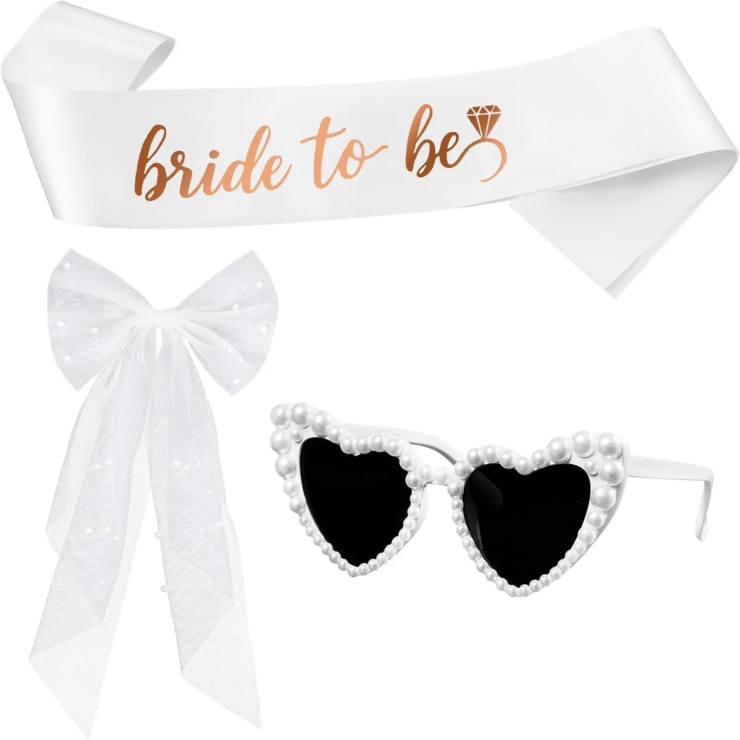 Bride Bachelorette Party Accessories 3 Pcs,Bride To Be Sash,White Veil,Pearl Heart Sunglasses for Bridal Wedding Favors Gifts (White)