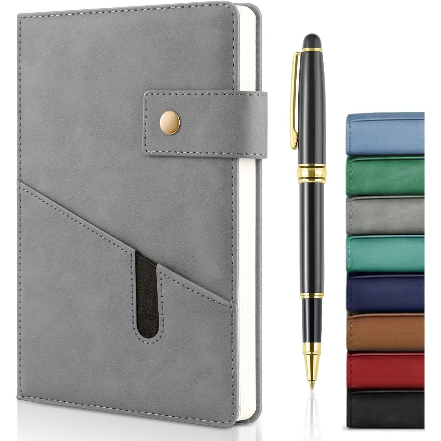 A5 Leather Journal Notebook with Pen, 200 Pages Hardcover Journal with Pocket, 100gsm Thick Lined Paper Daily Diary for Men and Women,   for Business School Travel Personal - Gray