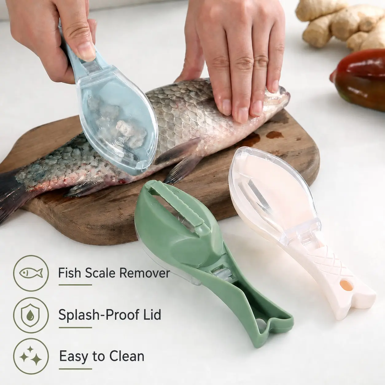 1 Pack Manual Fish Scale Remover with Cover, PP Plastic Fish Scaler Scraper with Scale Catcher, Flying Fish-Shaped Non-Electric Seafood Cleaning Tool for Home Kitchen Kitchen Gadgets
