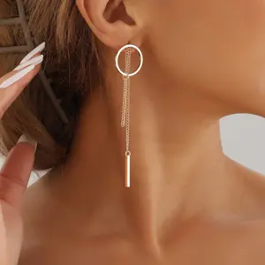 2PCS Geometric Hollow Circle Multi-Chain Tassel Drop Earrings Vertical Bar Long Dangle Earrings Minimalist Linear Fringe Statement Earrings for Women