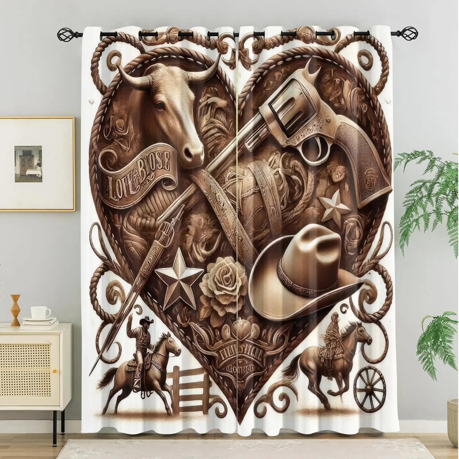 2Pcs Western Cowboy Heart Print Curtains, Vintage Retro Style Blackout Curtains, Rustic Bull and Revolver Design with Lasso and Hat Motif, Farmhouse Home Decor for Living Rooms and Bedrooms, Machine Washable,