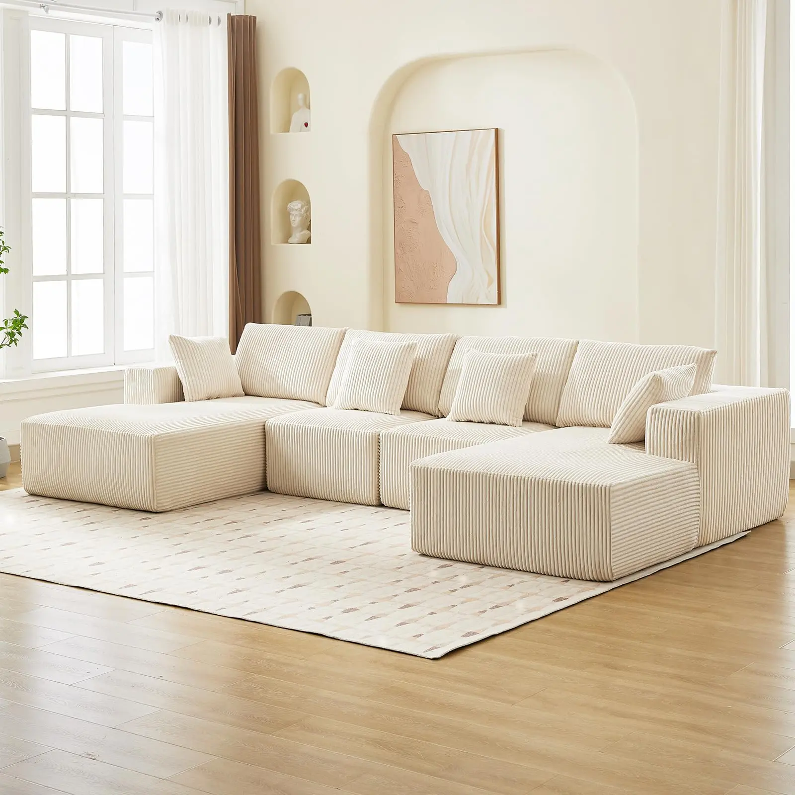GARVEE137" Modular Sectional Sofa Cloud-Like  Four-Seater U-Shaped Couch with Chaise Lounge Convertible Compression Sleeper No Assembly Required Corduroy Fabric for Living Room Bedroom Apartment