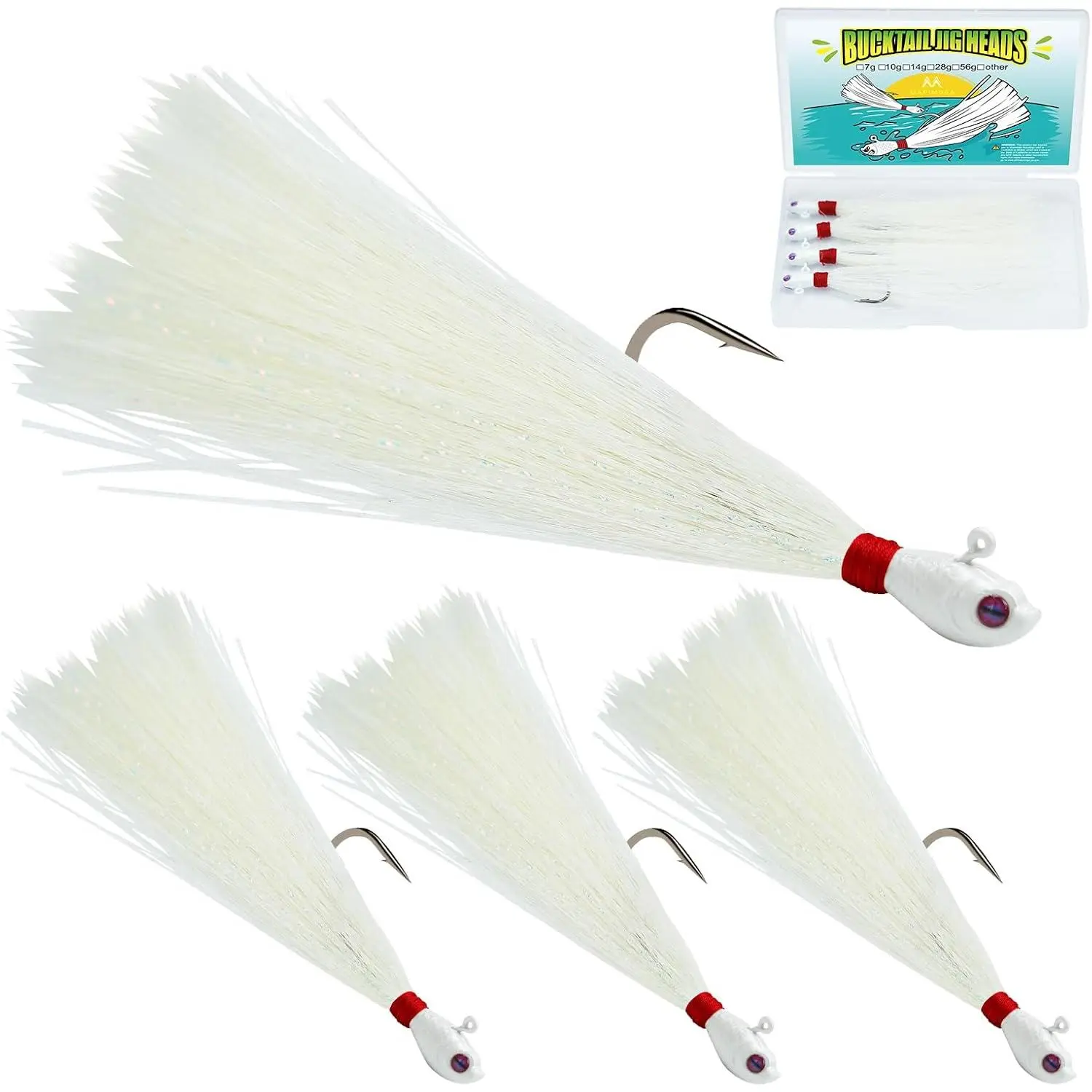 4 count Bucktail Jig Lure Hair Jig Saltwater Freshwater Lures Surf Fishing Bass Flounder Striper Bluefish Halibut Redfish 1/4oz,3/8oz,1/2oz, 1oz, 2oz
