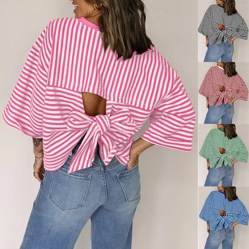 Women's Crew Neck Striped Back Strap-Up Bow Pullover Knitted Top