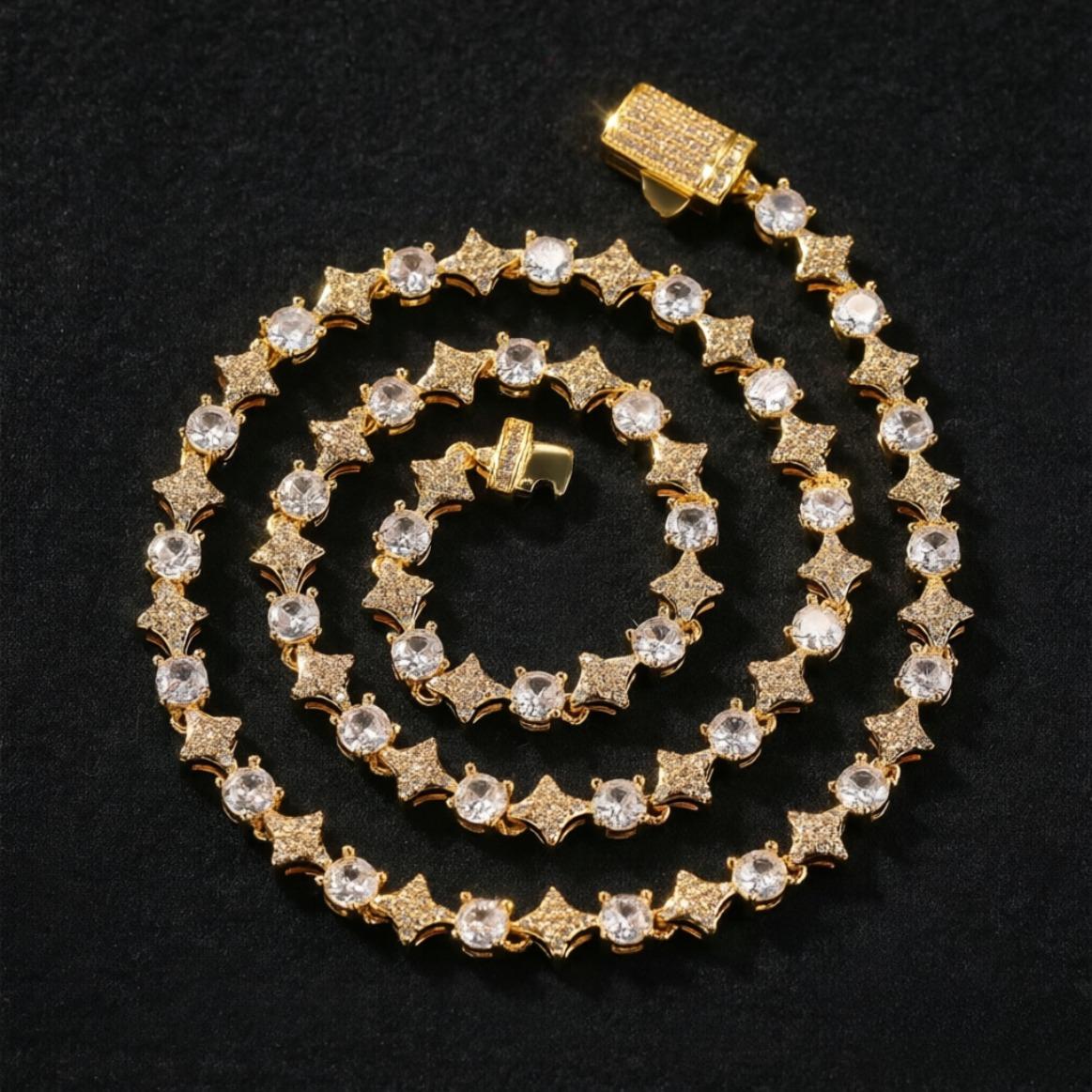 Mixed Quadrangular Star Tennis Chain Necklace & Bracelet Round Cut Iced Out Moissanite HipHop Jewelry Gift Luxury Shine Unisex Trend