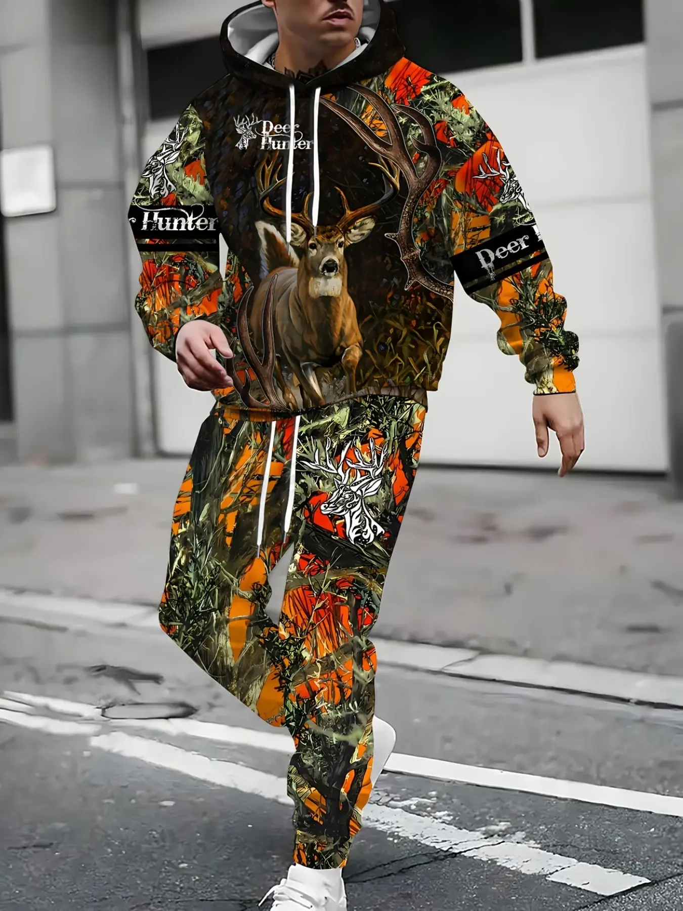 Men's 2-Piece Set Hunting Style Deer Camo 3D Print Hoodie, Outdoor Theme Pullover Hat Shirt Cuffed Long Pants Casual Sports Set