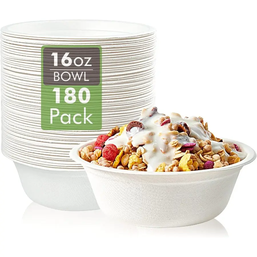 Vplus 180 Pack 16 OZ Compostable Paper Bowls, Bagasse Bowls White Disposable Compostable Bowls Bulk, Eco-friendly Bagasse Bowls, Heavy-duty Bowls, Perfect for Milk Cereals, Snacks, Salads