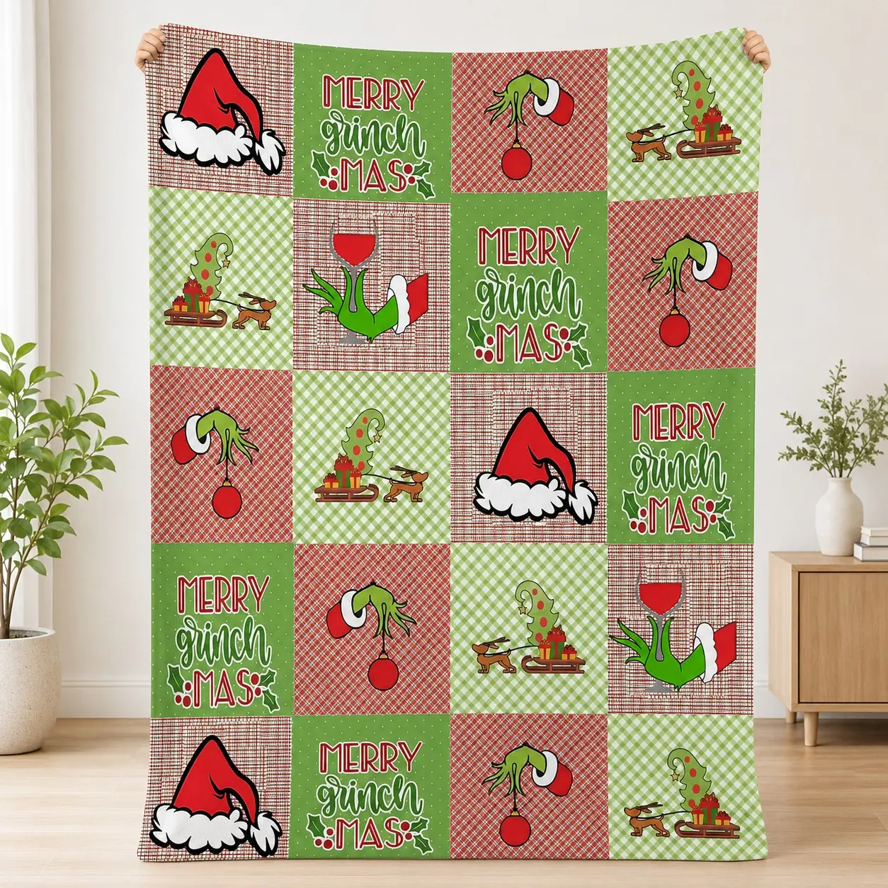 Grinch Christmas Quilted Flannel Blanket, Merry Grinchmas Design, Soft Lightweight Comfort, Perfect for Sofa Bedroom Nap & Gift