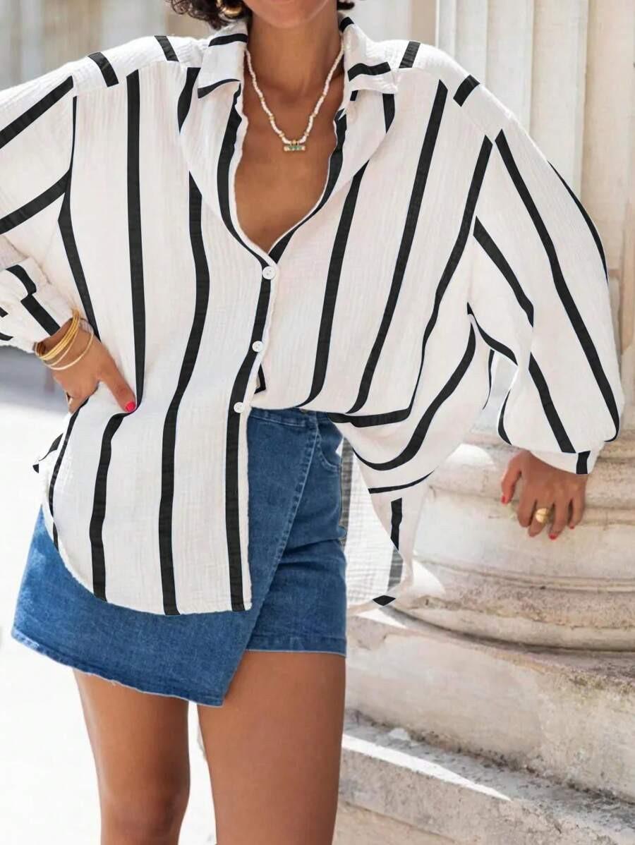 2026 European and American autumn and winter new long-sleeved button-up cardigan women's striped shirt women's vintage striped