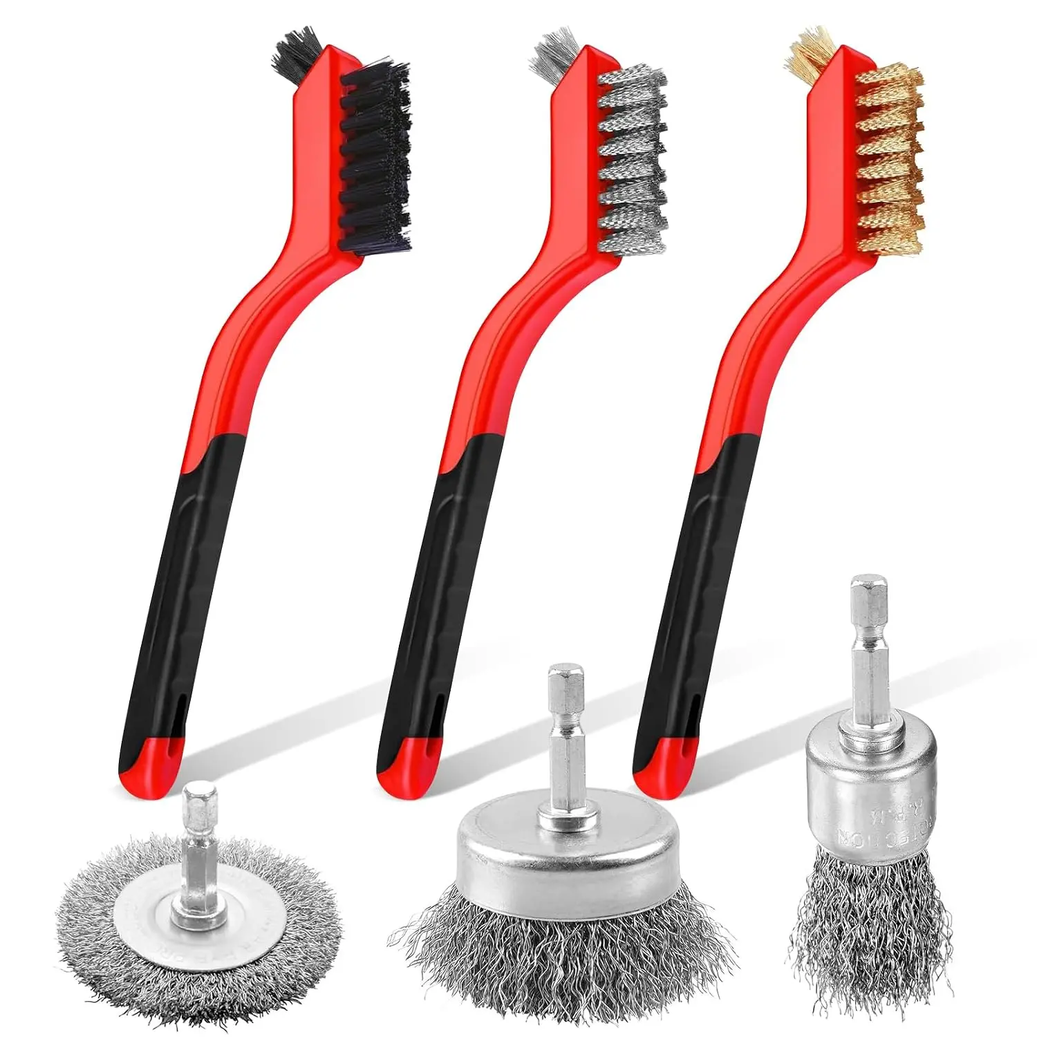 6 count Wire Brushes for Cleaning Rust, Small Wire Brush, Wire Wheel for Drill Steel Brush for Cleaning with Nylon, Brass, Stainless Steel, and Carbon Steel Bristles - 7-Inch Handle & 1/4-Inch Hex Shank